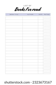 List of books I've read. Printable reading log page A4. 