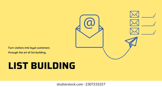 List Building Banner on Yellow Background. Stylish Email Marketing Banner with Black Text and Blue Icons for Business and Marketing