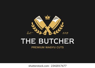 List butcher knife logo vintage with luxury gold laurel vector template design fit for meat beef shop