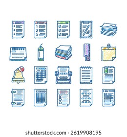list check document tick doodle icons set vector. checklist clipboard, mark form test report, board note paper notebook questionnaire list check document tick sketch hand drawn