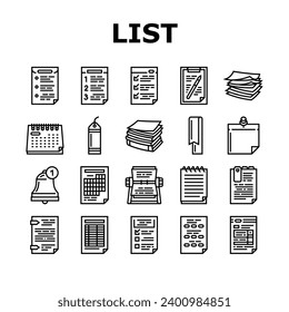 list check document tick icons set vector. checklist clipboard, mark form test report, board note paper notebook questionnaire list check document tick black contour illustrations