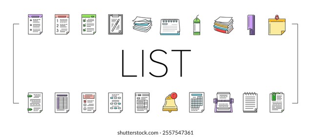 list check document tick icons set vector. checklist clipboard, mark form test report, board note paper notebook questionnaire list check document tick color line illustrations