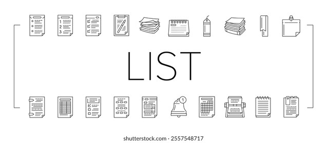 list check document tick icons set vector. checklist clipboard, mark form test report, board note paper notebook questionnaire list check document tick black contour illustrations