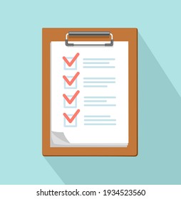 List and check marks. Tablet folder with papers on a colored background. Flat design. Vector illustration.