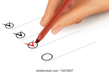 List with checkboxes and hand with pen. Vector illustration.