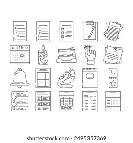 list checklist document check icons set vector. paper form, clipboard questionnaire, tick report, note office, business, board test list checklist document check black contour illustrations