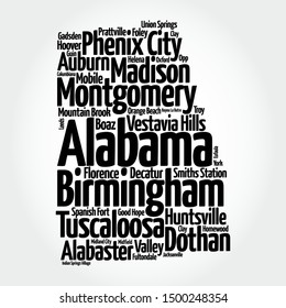 List of cities in Alabama USA state, map silhouette word cloud map concept