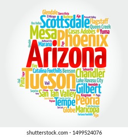 List of cities in Arizona USA state, map silhouette word cloud map concept