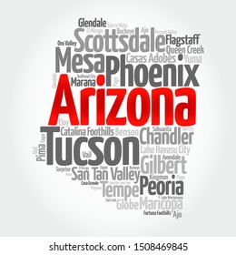 List of cities in Arizona USA state, map silhouette word cloud map concept