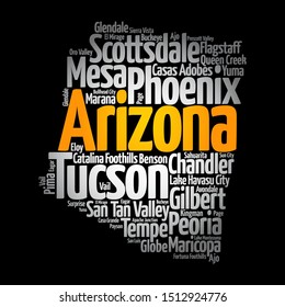 List of cities in Arizona USA state, map silhouette word cloud map concept