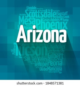 List of cities in Arizona USA state, map silhouette word cloud map concept