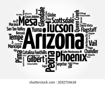 List of cities in Arizona USA state, word cloud concept background