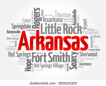 Lista de ciudades en el estado de Arkansas USA, fondo de concepto de nube de palabras