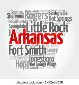 Lista de ciudades en el estado de Arkansas USA, silueta de mapa nube de palabras, fondo de concepto de mapa