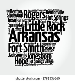 Lista de ciudades en el estado de Arkansas USA, silueta de mapa nube de palabras, fondo de concepto de mapa