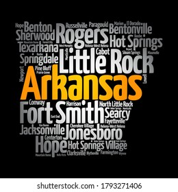 List of cities in Arkansas USA state, map silhouette word cloud, map concept background