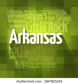 List of cities in Arkansas USA state, map silhouette word cloud background