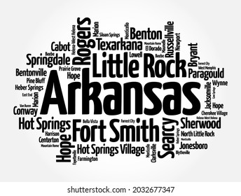 List of cities in Arkansas USA state, word cloud concept background