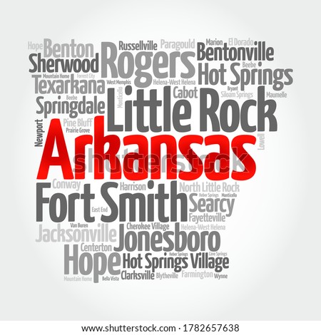 List of cities in Arkansas USA state, map silhouette word cloud, map concept background