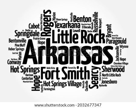 List of cities in Arkansas USA state, word cloud concept background