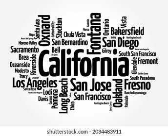 List of cities in California, is a state in the Western United States, lying on the American Pacific Coast, word cloud concept background