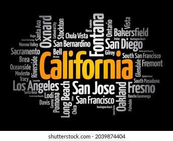 List of cities in California, is a state in the Western United States, lying on the American Pacific Coast, word cloud concept background