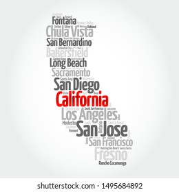 List Of Cities In California USA State, Map Silhouette Word Cloud Map Concept