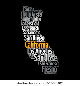 List of cities in California USA state, map silhouette word cloud map concept