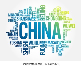 Lista de ciudades de China, collage de palabras en la nube, antecedentes de concepto de viajes