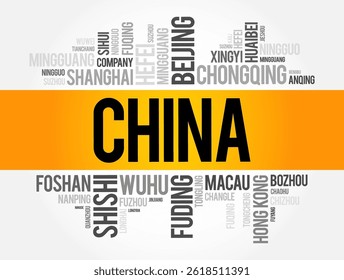 List of cities in China, word cloud collage, travel concept background