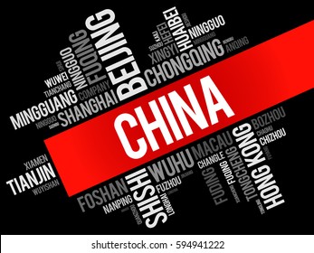 List of cities in China, word cloud collage, travel concept background