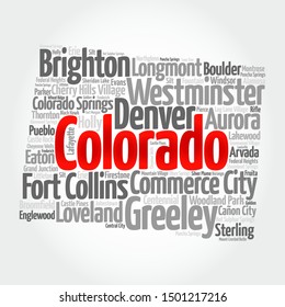 List of cities in Colorado USA state, map silhouette word cloud map concept