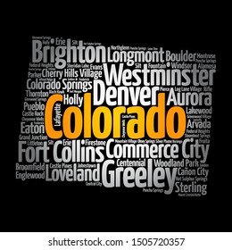 List of cities in Colorado USA state, map silhouette word cloud map concept