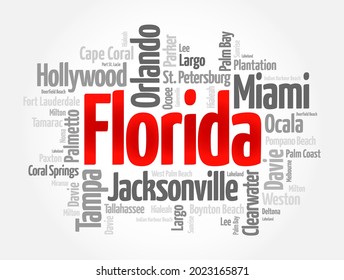 List of cities in Florida, is the southeasternmost U.S. state, with the Atlantic on one side and the Gulf of Mexico on the other, word cloud concept background