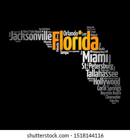 List of cities in Florida USA state, map silhouette word cloud map concept