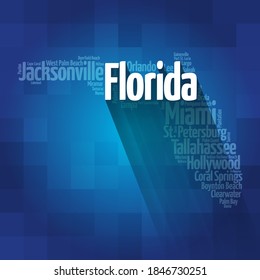 List of cities in Florida USA state, map silhouette word cloud map concept