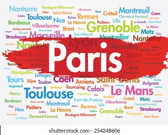 List of cities in France. Paris word cloud concept
