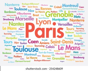List of cities in France. Paris word cloud concept