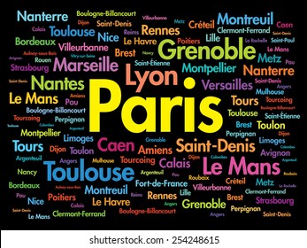 List of cities in France. Paris word cloud concept