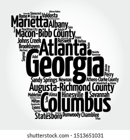 List of cities in Georgia USA state, map silhouette word cloud map concept