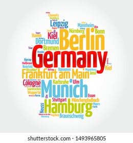 List of cities in Germany, map silhouette word cloud, travel concept background