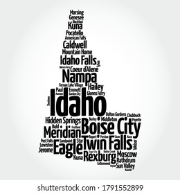 List of cities in Idaho USA state, map silhouette word cloud, map concept background