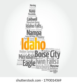 List of cities in Idaho USA state, map silhouette word cloud, map concept background