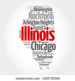 List of cities in Illinois USA state, map silhouette word cloud map concept svg