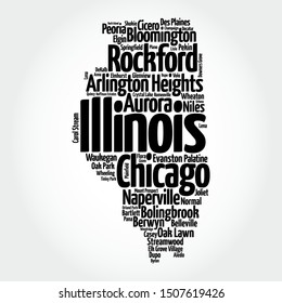 List of cities in Illinois USA state, map silhouette word cloud map concept