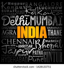 List of cities in India word cloud collage, business and travel concept background