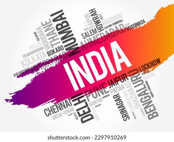List of cities in India word cloud collage, business and travel concept background