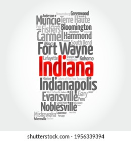 List of cities in Indiana - the U.S. state located in the Midwestern and Great Lakes regions of North America, word cloud concept background