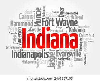 Liste der Städte in Indiana - der US-Bundesstaat im Mittleren Westen und den Regionen der Großen Seen in Nordamerika, Word Cloud Concept Hintergrund