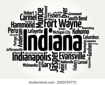 List of cities in Indiana - the U.S. state located in the Midwestern and Great Lakes regions of North America, word cloud concept background